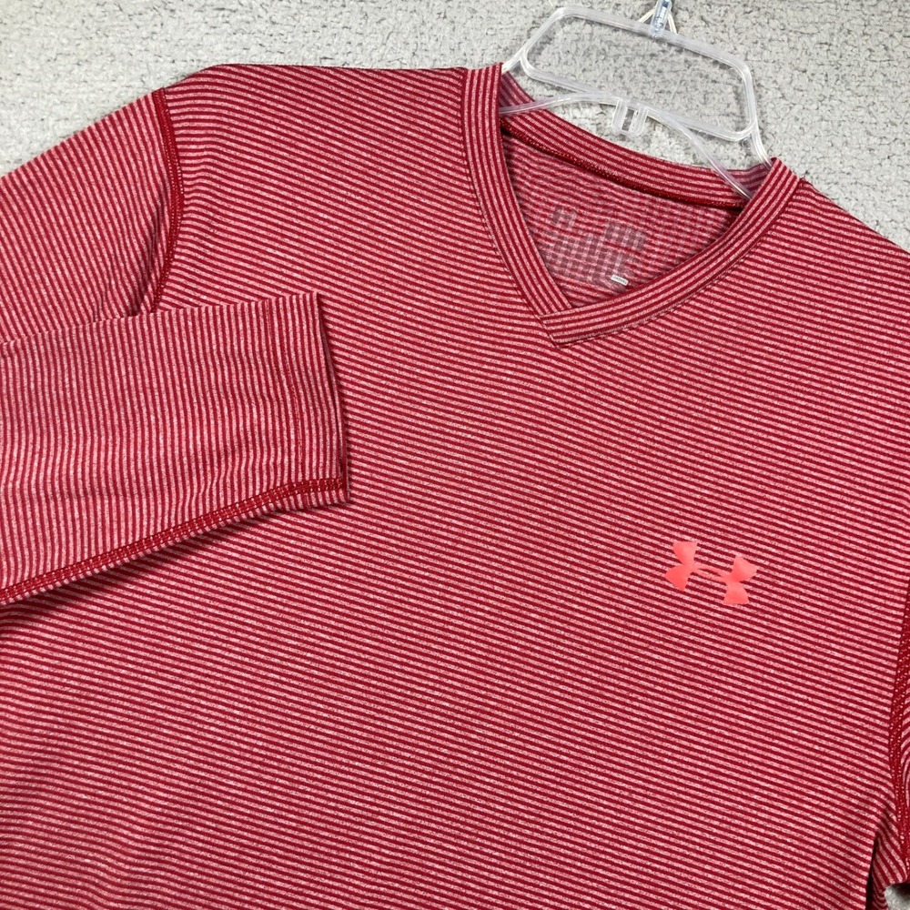 Under Armour V-Neck Shirt Mens Medium Red Striped Long Sleeve Activewear Top